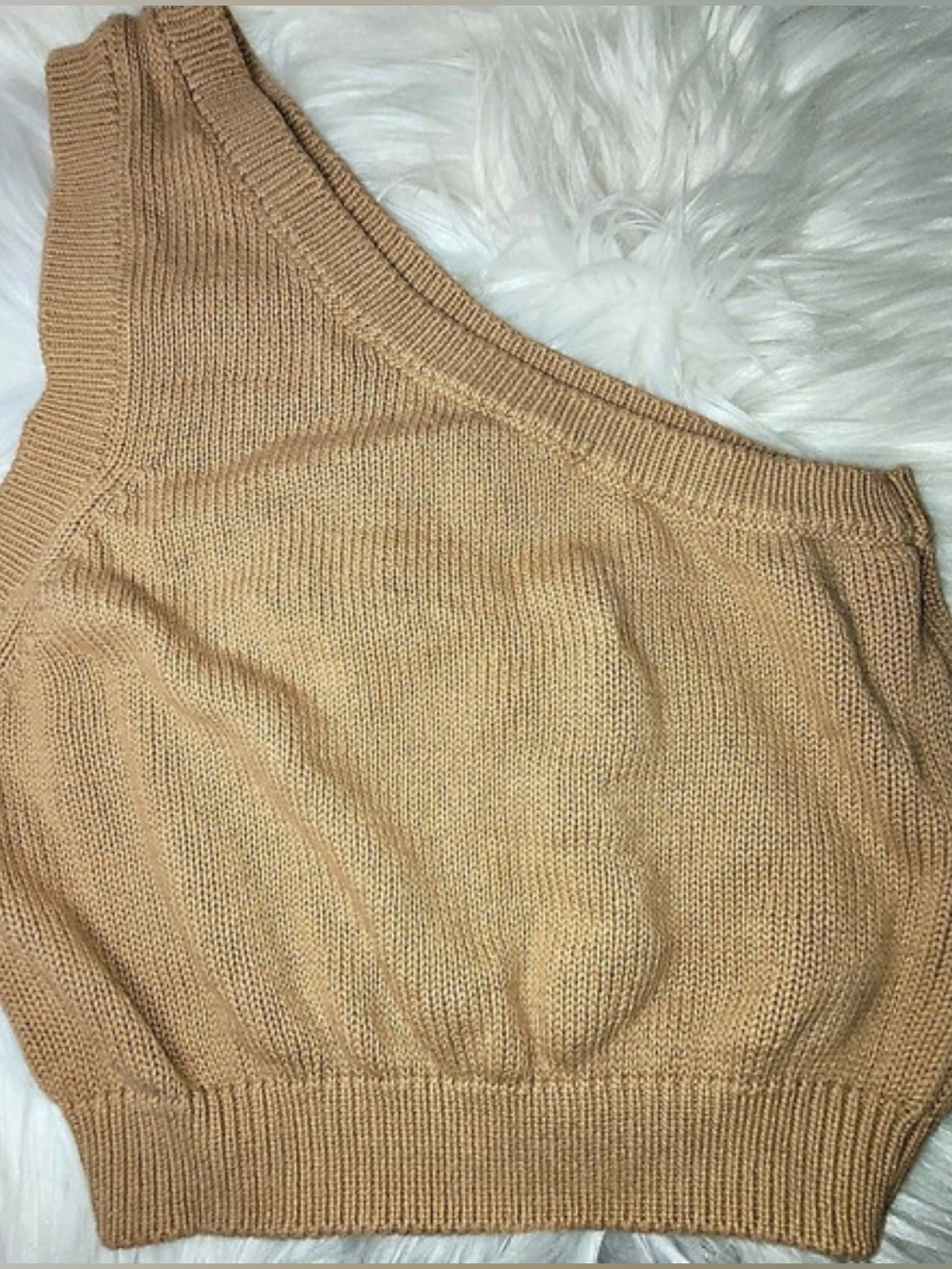 Forever 21 camel tan one shoulder knit Crop top sweater tank Size L